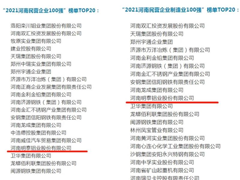 尊龙凯时铝业再度入围“2021河南民营企业100强”榜单TOP20！
